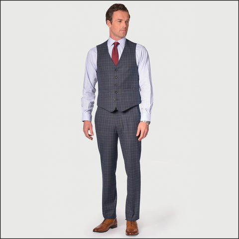BROOK TAVERNER Blue POW with Wine Overcheck Suit Waistcoat*