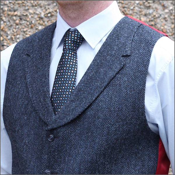 Harris Tweed Dark Blue Herringbone Waistcoat cwmenswear