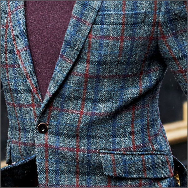 Harris Tweed Blue with Wine Overcheck Jacket cwmenswear