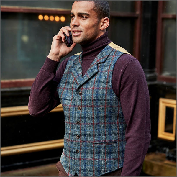 Harris Tweed Blue with Wine over check Waistcoat`