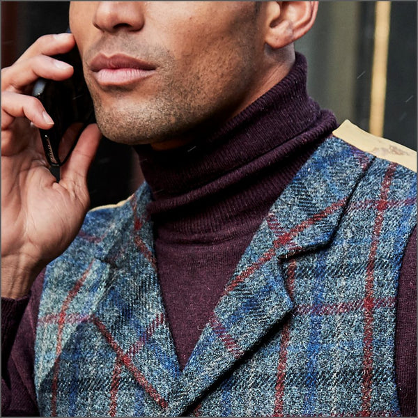 Harris Tweed Blue with Wine over check Waistcoat`