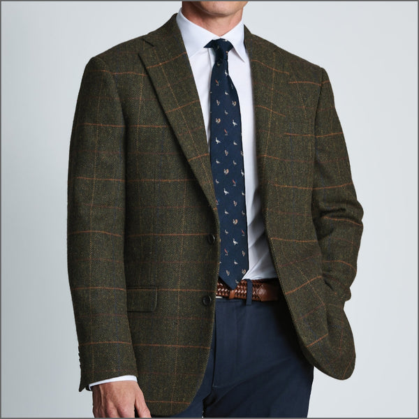 Brook Taverner Tailored Fit Axebridge Olive Wool Blend Herringbone Check Jacket*