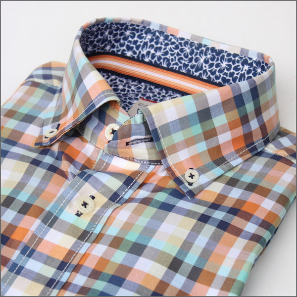 Casa Moda Orange & Green Check Short sleeve Shirt.