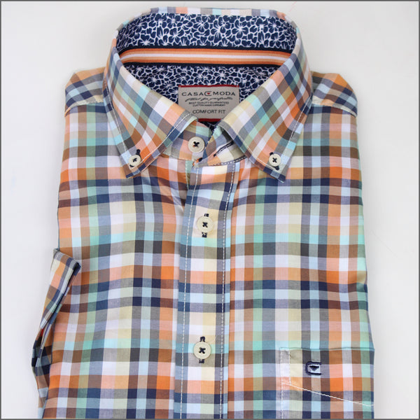 Casa Moda Orange & Green Check Short sleeve Shirt.