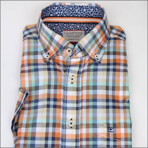 Casa Moda Orange & Green Check Short sleeve Shirt.