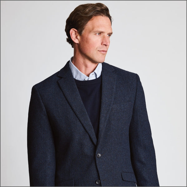 Brook Taverner Tailored Fit Dunster Navy Wool Blend Herringbone Jacket*