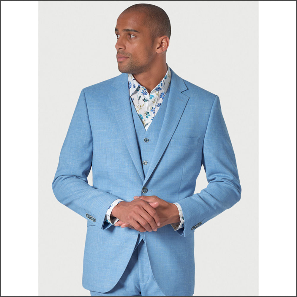 Brook Taverner Tailored Fit Sky Blue Linen Mix Suit Waist Coat Optional