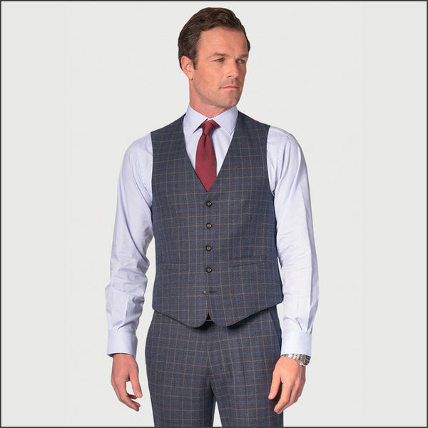 BROOK TAVERNER Blue POW with Wine Overcheck Suit Waistcoat*