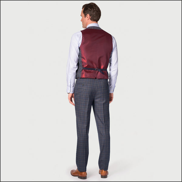 BROOK TAVERNER Blue POW with Wine Overcheck Suit Waistcoat*