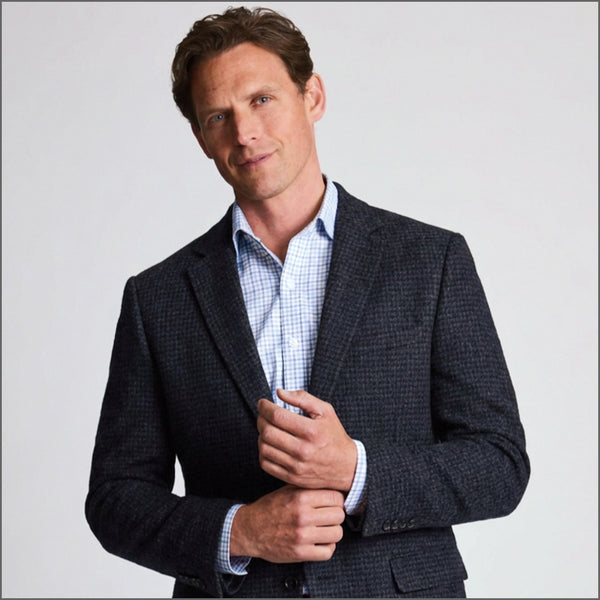 Brook Taverner Tailored Fit Lawford Dark Blue British Wool Blend Houndstooth Jacket*