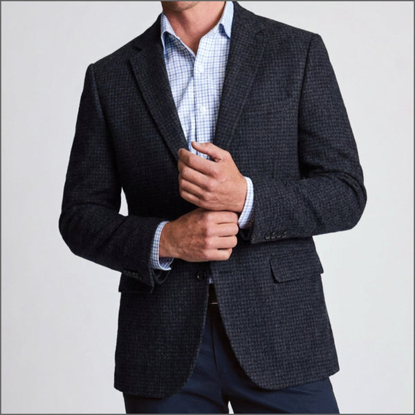 Brook Taverner Tailored Fit Lawford Dark Blue British Wool Blend Houndstooth Jacket*