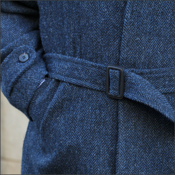 Harris Tweed Dark Blue Herringbone Raglan Overcoat¬