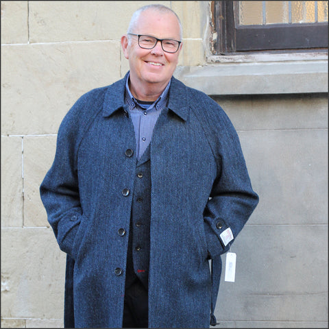 Harris Tweed Dark Blue Herringbone Raglan Overcoat¬
