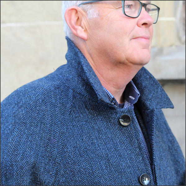 Harris Tweed Dark Blue Herringbone Raglan Overcoat¬