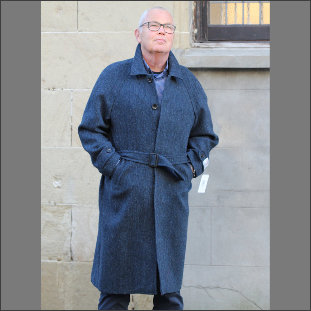 Harris Tweed Dark Blue Herringbone Raglan Overcoat== cwmenswear