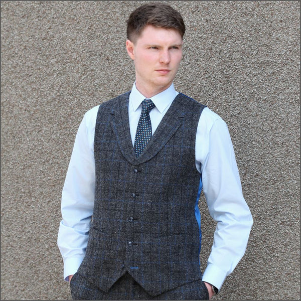 Harris Tweed Grey Marl with Blue Over Check Waistcoat=