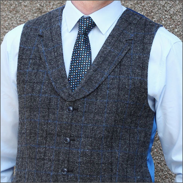 Harris Tweed Grey Marl with Blue Over Check Waistcoat=