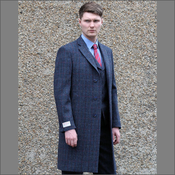 Harris Tweed Blue with Wine Check Overcoat*
