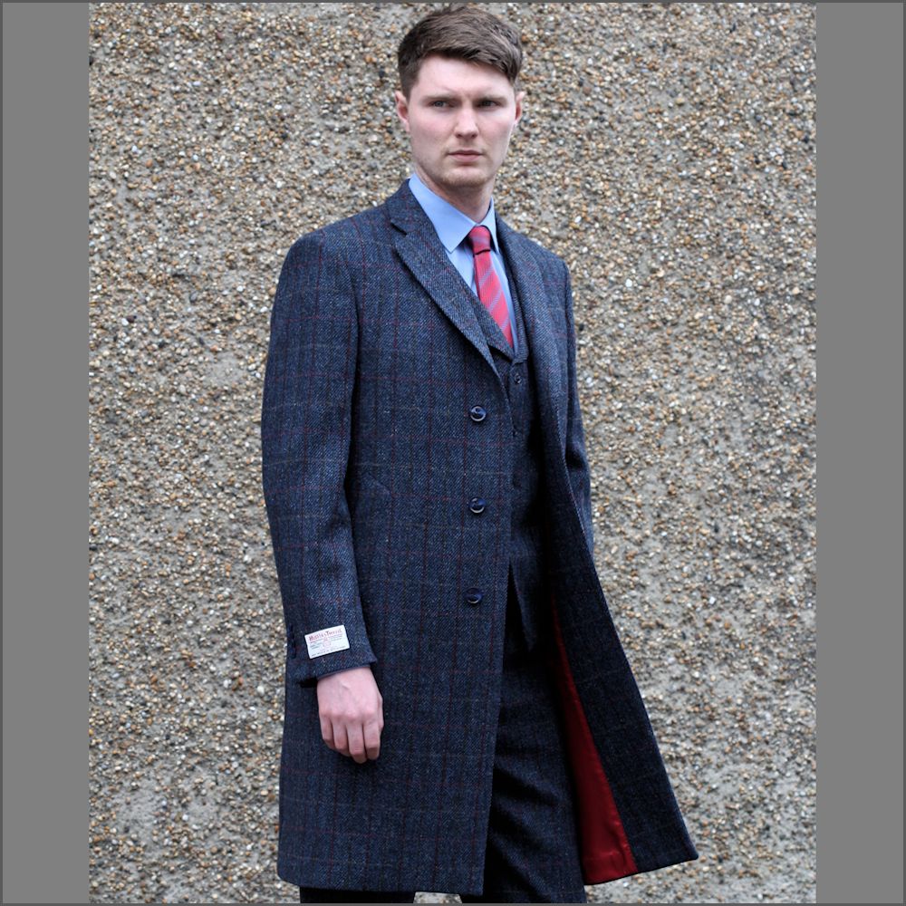 Harris Tweed Blue with Wine Check Overcoat= - Main Image