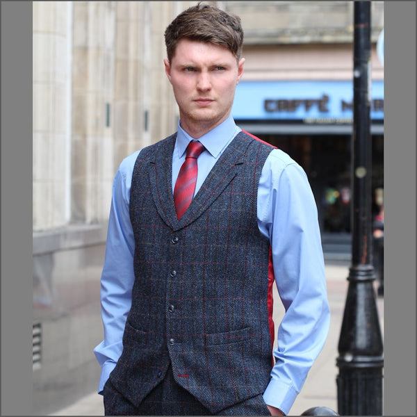 Harris Tweed Blue with Wine Check Waist Coat`
