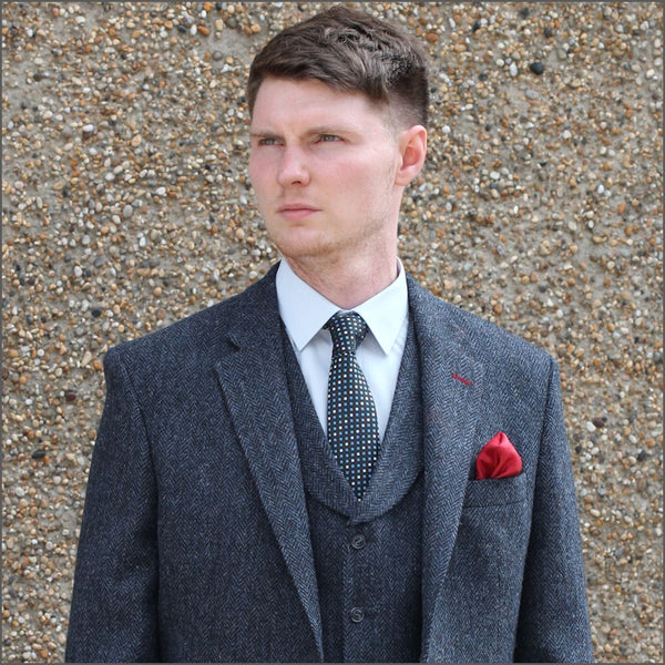 Harris Tweed Dark Blue Herringbone 3pc Suit=