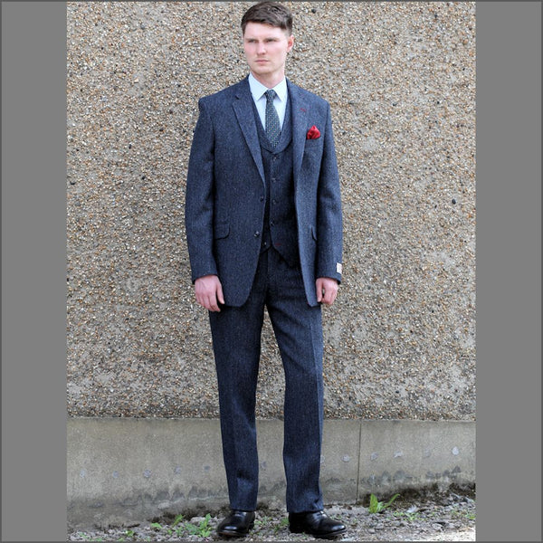 Harris Tweed Dark Blue Herringbone 3pc Suit=
