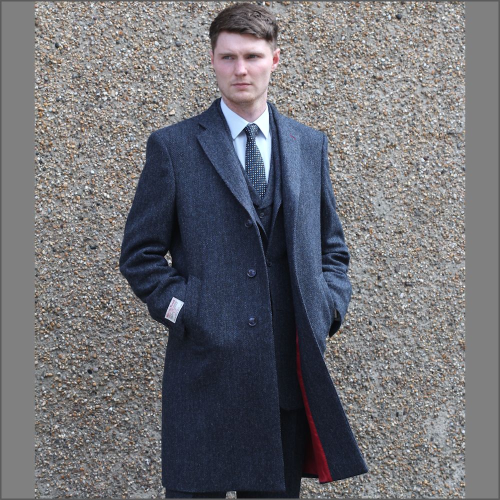 Harris Tweed Dark Blue Herringbone Overcoat=
