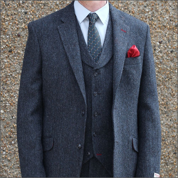 Harris Tweed Dark Blue Herringbone 3pc Suit=