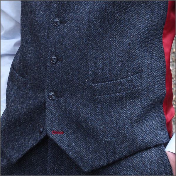 Harris Tweed Dark Blue Herringbone Waistcoat`