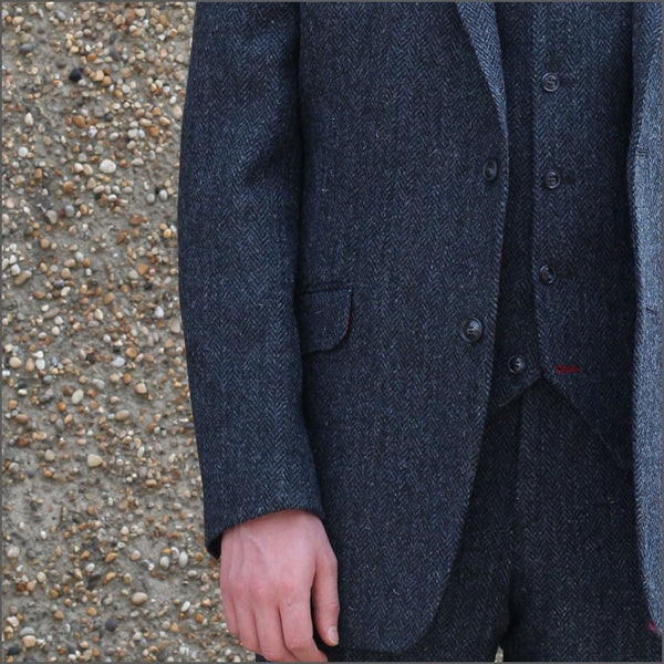 Harris Tweed Dark Blue Herringbone 3pc Suit=