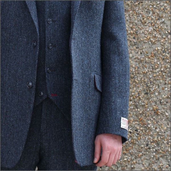 Harris Tweed Dark Blue Herringbone 3pc Suit=