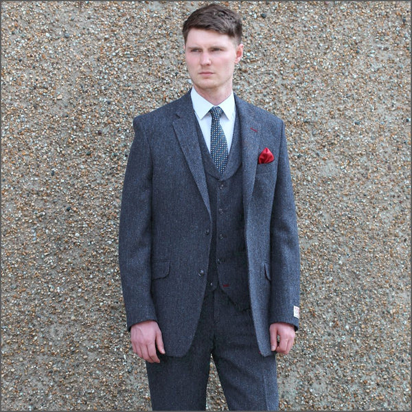 Harris Tweed Dark Blue Herringbone 3pc Suit=