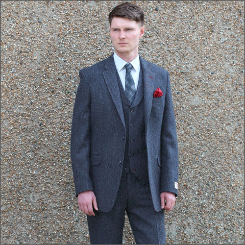 Harris Tweed Dark Blue Herringbone 3pc Suit=