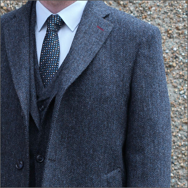 Harris Tweed Dark Blue Herringbone Overcoat | cwmenswear