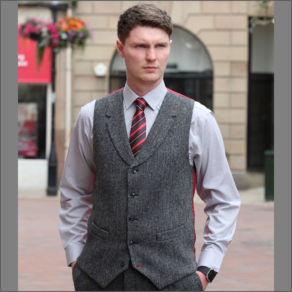 Harris Tweed Grey Herringbone Waistcoat`