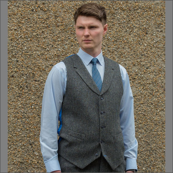 Harris Tweed Heather Blue Herringbone 3pc Suit=