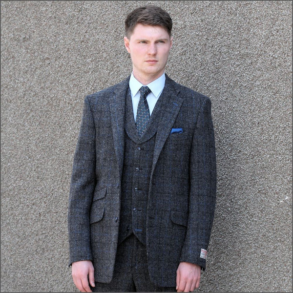 Harris Tweed Grey Marl With Blue Over Check Jacket=