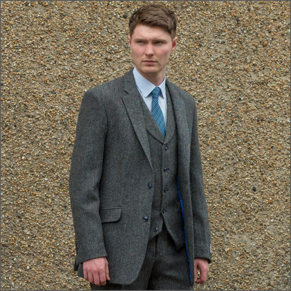 Harris Tweed Heather Blue Herringbone 3pc Suit=