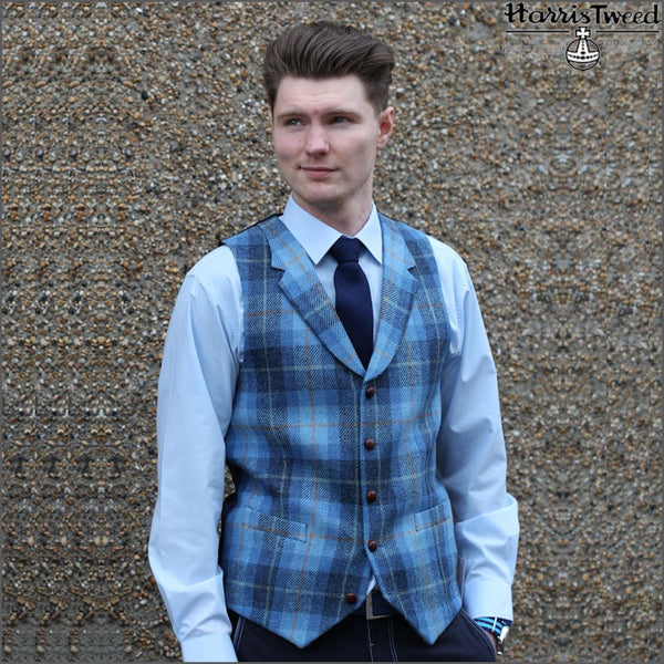 Harris Tweed Light Blue Check Waistcoat`