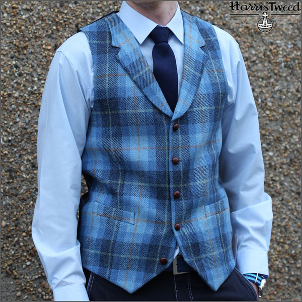 Harris Tweed Light Blue Check Waistcoat`