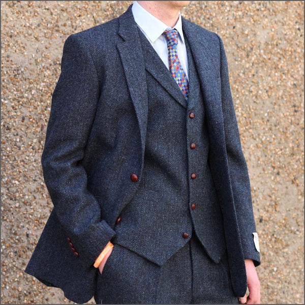 Harris Tweed Dark Blue Herringbone 3pc Suit=