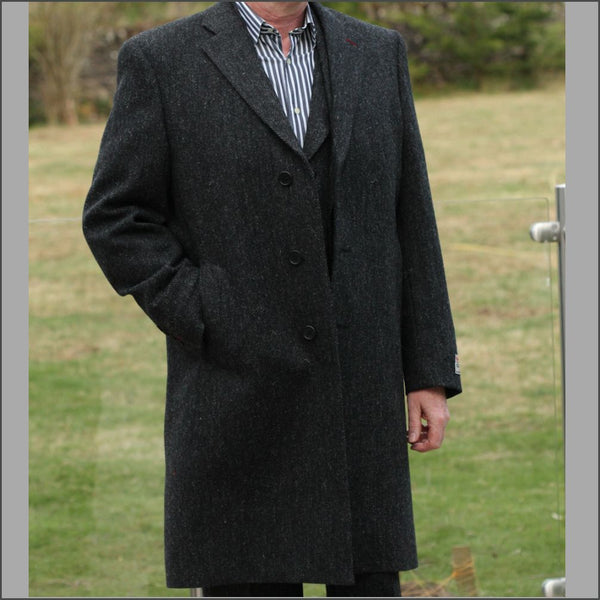 Harris Tweed Charcoal Herringbone Overcoat=