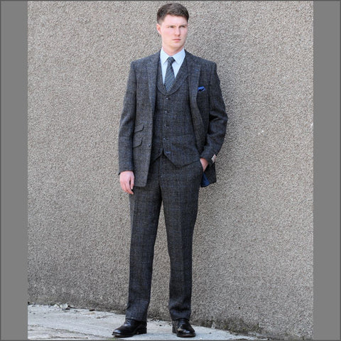 Harris Tweed Grey Marl with Blue Check 3pc Suit=