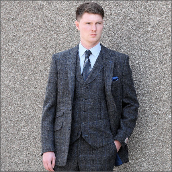 Harris Tweed Grey Marl with Blue Check 3pc Suit> | cwmenswear