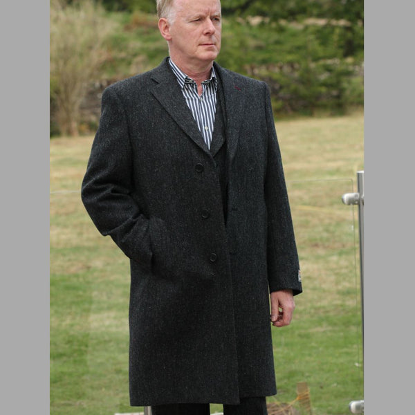 Harris Tweed Charcoal Herringbone Overcoat=