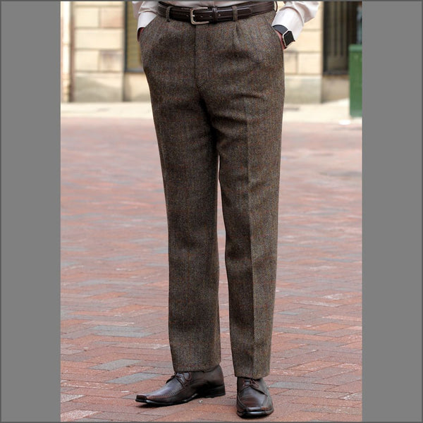 Harris Tweed Brown Herringbone Trouser> | cwmenswear