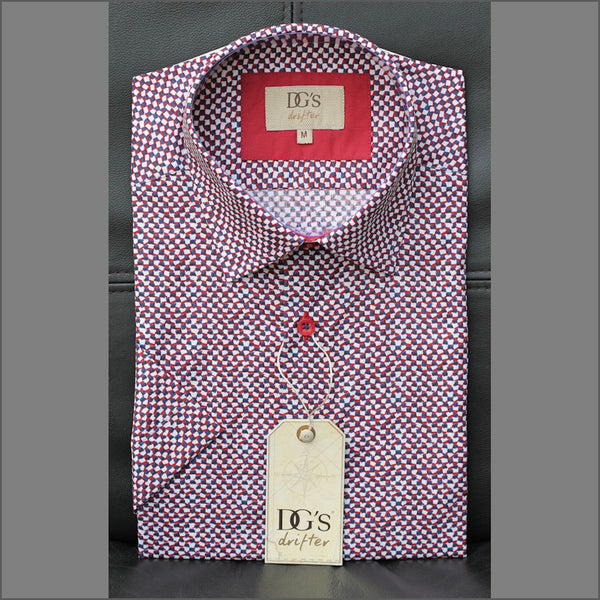 Drifter Giovanni Red & Navy with White Pattern Short Sleeve Shirt.