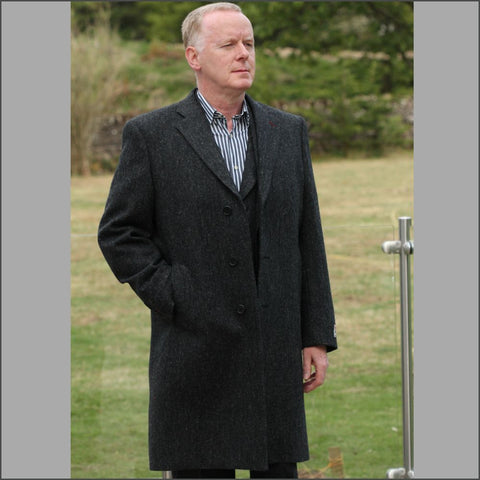Harris Tweed Charcoal Herringbone Overcoat=