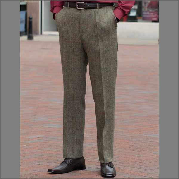 Harris Tweed Beige/Olive Herringbone Trousers=