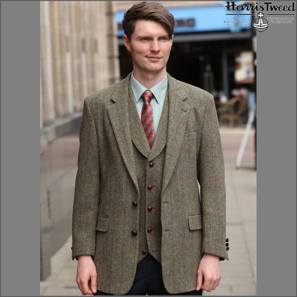 Harris Tweed Beige/Olive Herringbone Waist Coat`